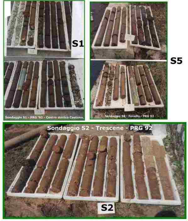 Fotografie di terreni campionati durante i sondaggi geognostici effettuati nel 1992 tra Cautano e Cacciano e collocati in cassette  catalogatrici. Nella foto in alto a sinistra quattro cassette che documentano i risultati del Sondaggio S1eseguito in centro storico di Cautano, in alto a destra quattro cassette  per i risultati del Sondaggio S5 eseguito in "Fornillo", in basso al centro tre cassette per il sondaggio S2 in localit "Trescene"